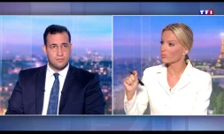 Capture d'écran réalisée le 27 juillet 2018 de l'interview enregistrée et diffusée au 20H00 de TF1 montrant Alexandre Benalla, l'ex-collaborateur du président Emmanuel Macron répondant aux questions de la journaliste Audrea Crespo-Mara