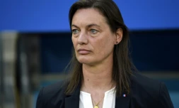 La sélectionneuse des Bleues Corinne Diacre lors du match face à la Norvège le 12 juin 2019 à Nice lors du Mondial