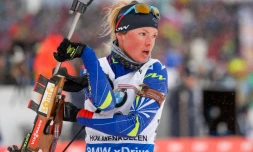 La Française Marie Dorin-Habert durant les Mondiaux de biathlon à Oslo, le 6 mars 2016