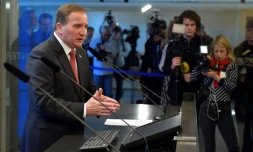 Le Premier ministre suédois Stefan Löfven lors d'une conférence de presse après sa reconduction, le 18 janvier 2019 à Stockholm