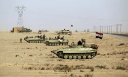 Des forces irakiennes et du Hachd al-Chaabi avancent dans la zone désertique pour reprendre les dernières poches au groupe Etat islamique dans la province d'Al-Anbar, le 2 novembre 2017