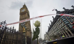 Une fleur laissée en hommage aux victimes près du Palais de Westminster qui accueille le Parlement britannique, le 23 mars 2017