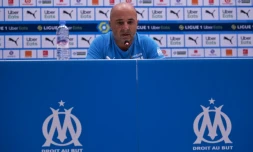 Le nouvel entraßneur de Marseille, l'Argentin Jorge Sampaoli, en conférence de presse au Vélodrome, le 9 mars 2021