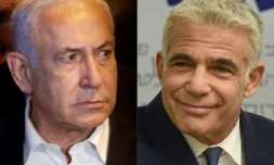Montage de photos créé le 2 juin 2021 montrant le Premier ministre israélien Benjamin Netanyahu (g) à Lod le 12 mai 2021 et le chef de l'opposition Yaïr Lapid à Jerusalem le 31 mai 2021