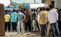 Distribution de nourriture le 24 juin 2016 dans la "Jungle" Ă Calais