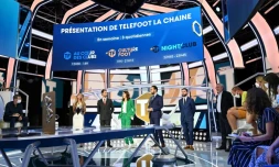 Les journalistes de Téléfoot lors d'une présentation de la chaßne, le 18 août 2020 à Aubervilliers, quelques jours avant son lancement