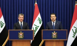 Le Premier ministre Mohammed Shia al-Sudani (d) et son homologue kurde Masrour Barzani Ă Bagdad, le 4 avril 2023