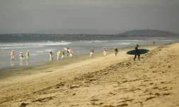 Un surfeur regagne la plage de Huntington Beach, en Californie, tandis que des équipes de nettoyage s'affairent à nettoyer l'impact de la marée noire, le 4 octobre 2021