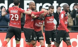 Les joueurs de Guingamp fêtent le but de Nicolas Bénézet face à Lyon, le 11 février 2017 au Roudourou