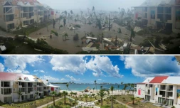 Hôtel Mercure à Marigot sur l'île de Saint-Martin, après le passage d'Irma le 6 septembre 2017 (en haut) et le 28 février 2018 (en bas) pendant la recontruction