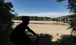Un cycliste le long de la Loire en partie asséchée à Orléans le 20 juillet 2026