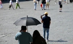 Des touristes visient Bruxelles à l'abri sous un parapluie pour se protéger du soleil lors d'une vague de chaleur le 27 mai 2026, en Belgique