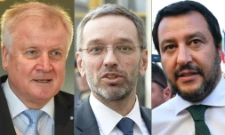De gauche à droite, le ministre de l'Intérieur allemand Horst Seehofer (à Munich le 13 juin 2018), le ministre de l'Intérieur autrichien Herbert Kickl (à Vienne le 12 avril 2018) et  le ministre de l'Intérieur italien Matteo Salvini (le 1er juin 2018 à Rome), montage réalisé le 13 juin 2018