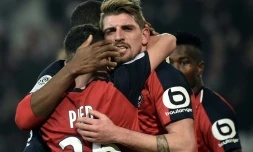 Le joueur de Lile Xeka (d) buteur lors de la victoire sur Amiens 2-1 en 21e journée de L1 à Villeneuve-d'Ascq le 18 janvier 2019