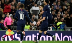 Les Parisiens fêtent le but de l'égalisation contre le Real Madrid signé Pablo Sarabia à Santiago-Bernabeu, le 26 novembre 2019