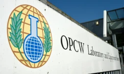 Entrée du siège de l'Organisation pour l'interdiction des armes chimiques, l'OIAC, (Organisation for the prohibition of chemical weapons, OPCW), à La Haye, le 20 avril 2017