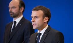 Intervention d'Emmanuel Macron le jour de la prise d'otages à Trèbes, le 23 mars 2018. A ses côtés, Edouard Philippe