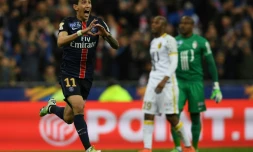 La joie de l'Argentin Angel Di Maria après son but contre Lille en finale de la Coupe de la Ligue, le 23 avril 2016 au Stade de France
