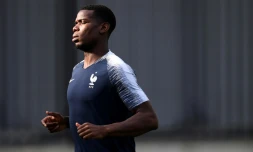 Le milieu français Paul Pogba lors d'une séance d'entraînement le 14 juillet 2018 lors du Mondial