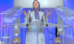 Photo d'archives de Maryam Radjavi,chef des Moudjahidine du peuple (OMPI) lors d'une intervention le 27 juin 2008 à Villepinte, près de Paris. outside Paris, contre le régime iranien.
