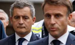 Le président Emmanuel Macron et le ministre de l'Intérieur Gérald Darmanin le 13 octobre 2023 à Arras