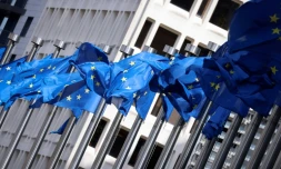 Devant le siÚge de la Commission européenne à Bruxelles, le 12 avril 2024