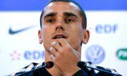 L'attaquant de l'équipe de France et de l'Atlético Madrid, Antoine Griezmann au cours d'une conférence de presse à l'ouest de Moscou, à Istra, le 12 juin 2018   
