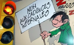 Une affiche représentant Gaston Lagaffe dans une exposition à Bruxelles pour les 50 ans du personnage créé par Franquin, le 28 février 2007
