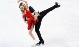 Gabriella Papadakis et Guillaume Cizeron lors du programme court des Mondiaux-2016 de patinage artistique, le 30 mars 2016 à Boston (Etats-Unis)