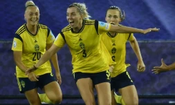 La joie de la défenseure suédoise Linda Sembrant, après avoir ouvert le score dans le temps additionnel face à la Belgique, lors de leur quart de finale de l'Euro,  le 22 juillet 2022 à Leigh (Angleterre)