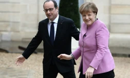Angela Merkel accueillie par François Hollande à son arrivée le 4 mars 2016 à l'Elysée à Paris