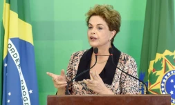 La présidente Dilma Rousseff lors d'une conféfence de presse au palais Planalto le 19 avril 2016 à Brasilia