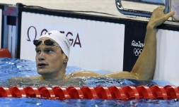 Yannick Agnel à l'issue du 200 m nage libre des Jeux de Rio, le 7 août 2016 au Centre aquatique olympique