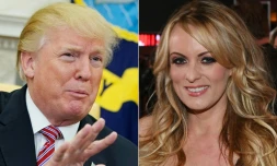 Le président américain Donald Trump, le 14 février 2018 à Washington, et l'actrice porno Stormy Daniels, le 4 février 2018 à Las Vegas (Nevada)