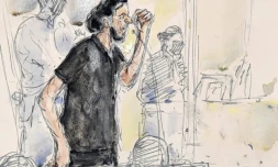 Croquis d'audience réalisé le 8 septembre 2021 montrant  Salah Abdeslam au procès des attentats du 13 novembre 2015 à Paris