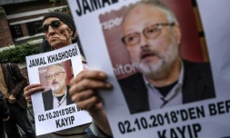 Des portraits du journaliste saoudien Jamal Khashoggi lors d'une manifestation devant le consulat saoudien, le 9 octobre 2018 Ă Istanbul, en Turquie