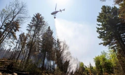 Un hélicoptère canadien largue de l'eau sur un feu de forêt à Tantallon, dans la province de Nova Scotia