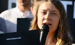 L'activiste suédoise pour le climat Greta Thunberg lors d'un discours devant le Parlement européen, le 11 juillet 2023 à Strasbourg