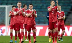 La joie des joueurs russes, aprÚs leur victoire, 2 buts à 1 contre la Slovénie, lors de leur match de qualification (groupe H) pour la Coupe du monde 2022, le 27 mars 2021 à Sotchi