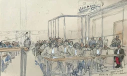 Croquis du palais de justice d'Avignon, le 27 novembre 2024, lors du procès de Dominique Pelicot, accusé d'avoir drogué sa femme Gisèle Pelicot pendant près de dix ans et d'avoir invité des inconnus à la violer à leur domicile de Mazan