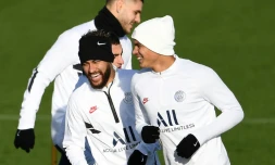 Les Brésiliens du PSG Neymar et Thiago Silva, à l'entraînement le 10 décembre 2019, à Saint-Germain-en-Laye