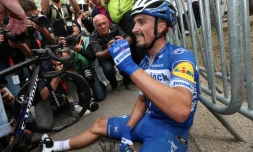 Le Français Julian Alaphilippe aprÚs sa victoire dans la FlÚche wallonne au sommet du mur de Huy, en Belgique, le 24 avril 2019
