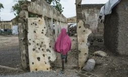 Une fille marche sur un site bombardé à Rann près de la frontière camerounaise le 29 juillet 2017