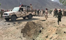 Les forces de l'ordre yéménites dans une caserne près d'Aden (Yémen) après une attaque revendiquée par les rebelles Houthis, le 1er août 2019