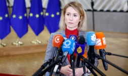 La cheffe de la diplomatie de l'Union européenne,  Kaja Kallas, devant la presse à Bruxelles, le 29 janvier 2026