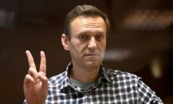 L'opposant russe Alexeï Navalny fait le signe de la victoire depuis son box vitré durant une audience du tribunal de Babouchkinski à Moscou, le 20 février 2021