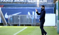 Le président Nasser Al-Khelaïfi venu assiter à une séance d'entraînement des joueurs du PSG au Camp des Loges, le 14 février 2022 