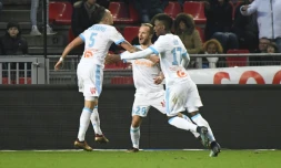 La joie des Marseillais, après l'ouverture du score contre Rennes, par Valère Germain, au Roazhon Park, le 13 janvier 2018