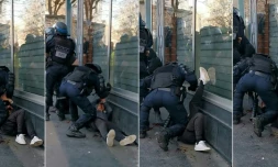 Montage de photos créé le 19 janvier 2020 à partir d'une vidéo d'un manifestant et montrant un policier frappant un homme, en marge de la manifestation des "gilets jaunes" à Paris, le 18 janvier 2020