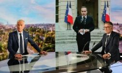 Olivier Faure (D) premier secrétaire du Parti Socialiste et le journaliste Gilles Bouleau, devant une image du Premier ministre démissionnaire Sébastien Lecornu, au 20h de TF1, à Boulogne-Billancourt, le 6 octobre 2025